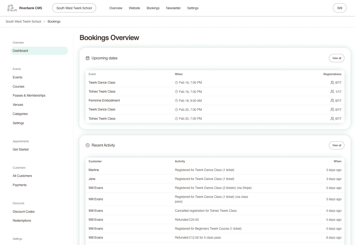A booking system showing a class timetable with online booking