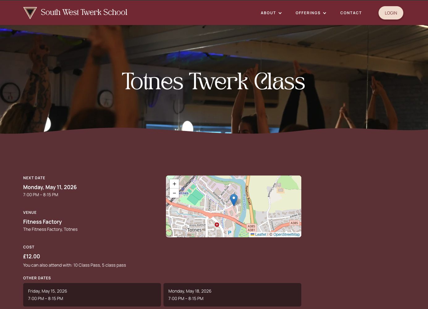 South West Twerk School, a class page with dates, venue and prices